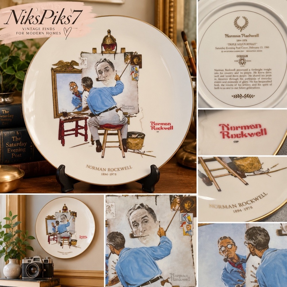 Vintage 1978 Norman Rockwell Triple Self Portrait Gorham China Plate 10.75"